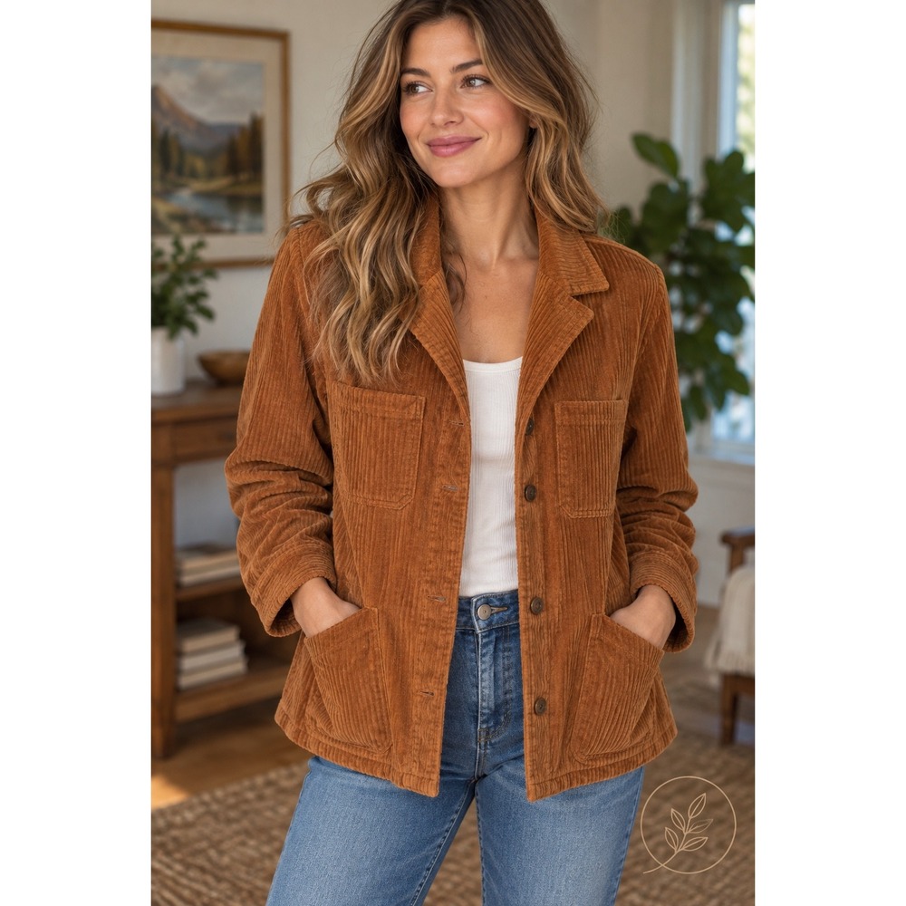 LL Bean Corduroy Shirt Jacket Womens M Pet Orange Shacket Gorpcore Grandmother